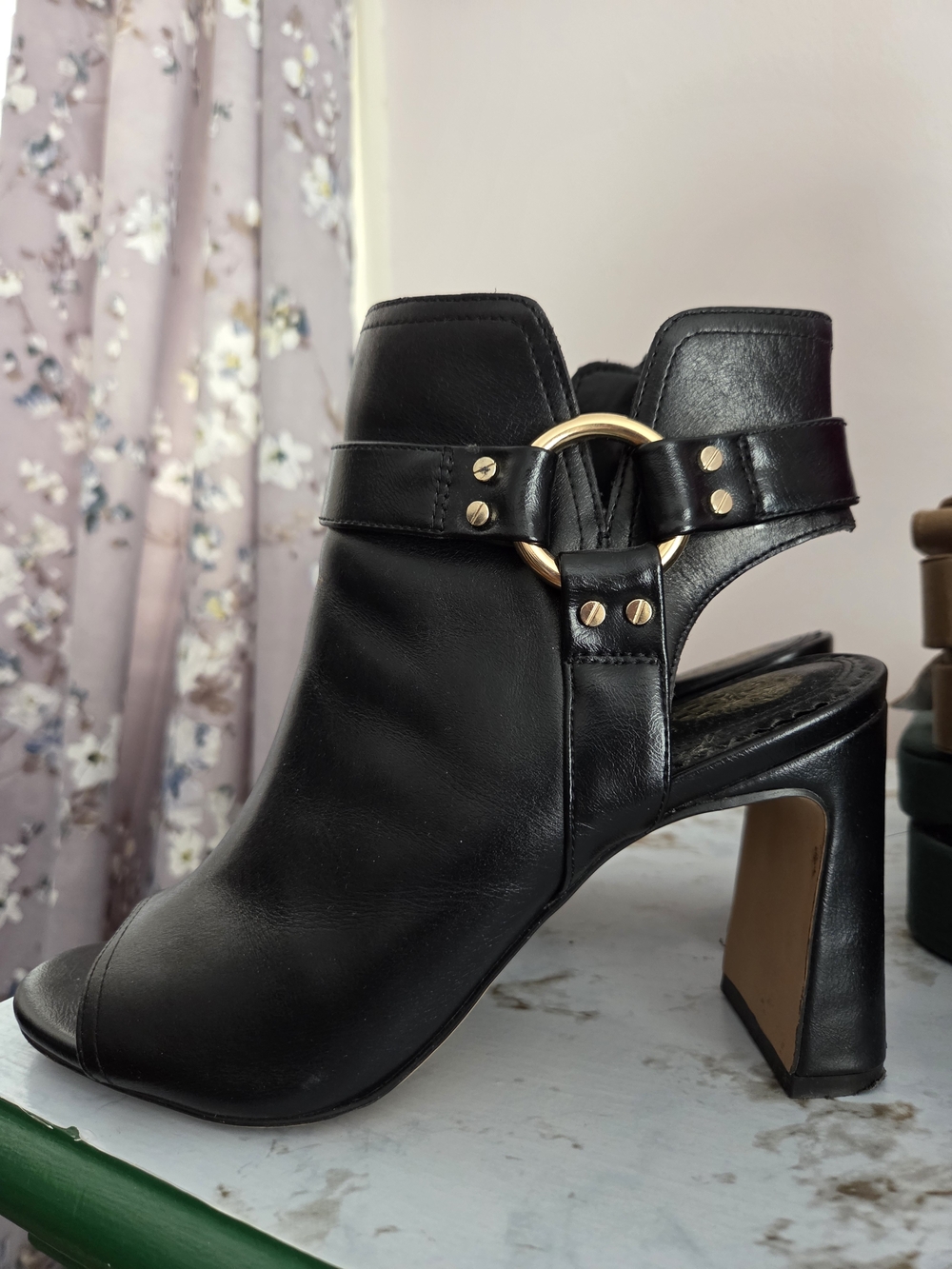 Vince Camuto Black Leather Open-Toe Heel with Gold Ring Detail